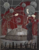 Steffen-Volmer,-Zuflucht,-2017,-Mischtechnik-(MT)-auf-mont.-Seiden--und-Kohlepapierpapier-auf-Zink-auf-Keilrahmen,-75,5x60,5cm