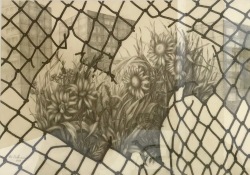 Uwe-BullmannGrtanstück-hinter-Maschendrahtzaun-Durchblick1989Graphitstift-auf-Papier42x60cm