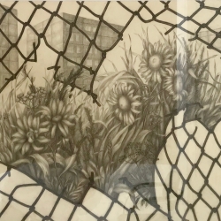 Uwe-BullmannGrtanstück-hinter-Maschendrahtzaun-Durchblick1989Graphitstift-auf-Papier42x60cm
