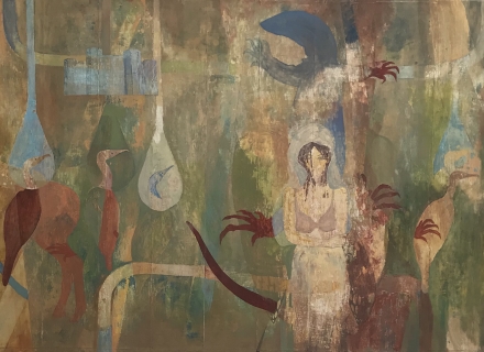 Peter Kallfels, Seraphine, 2017, Öl auf Papier und Leinwand , 82x142 cm