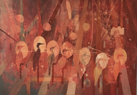 Peter Kallfels, Rote Kormorane, 2012, Öl auf Papier und Leinwand , 112x162cm