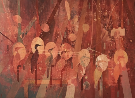 Peter Kallfels, Rote Kormorane, 2012, Öl auf Papier und Leinwand , 112x162cm